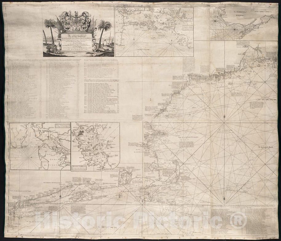 Historical Map, 1735 an Actual Survey of The sea Coast from New York to The I. Cape Brition : with Tables of The Direct and thwcourses & Distances from Place to Place, Vintage Wall Art