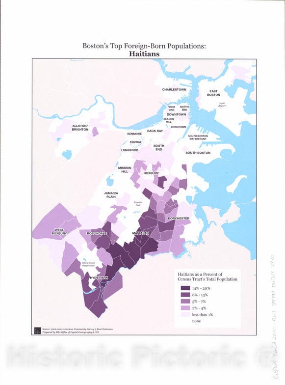 Historical Map, 2014 Boston's top Foreign-Born populations : Haitians, Vintage Wall Art
