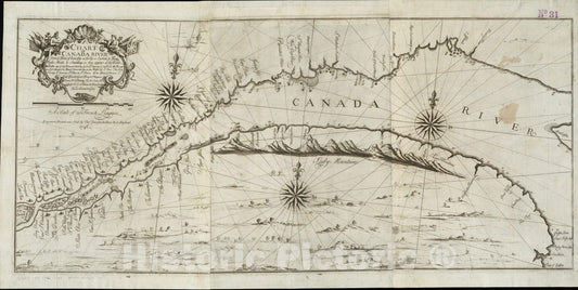 Historical Map, 1746 A Chart of Canada River : from ye Island of Anticosty as far up as Quebeck, ye Islands, Locks, Shoals, soundings as They Appear at Low Water, Vintage Wall Art