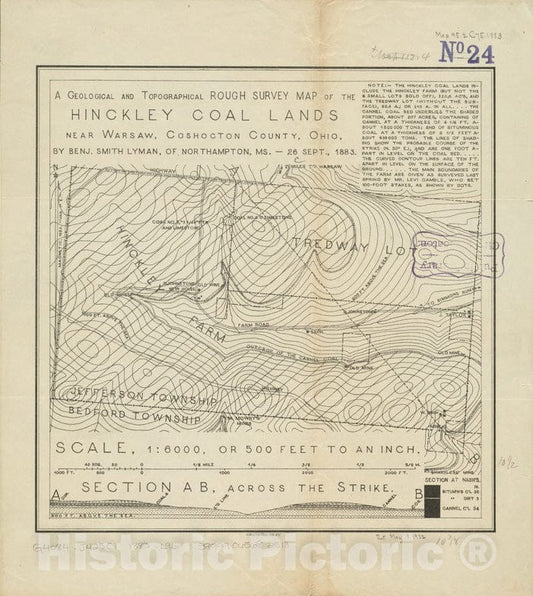 Historical Map, 1883 A Geological and Topographical Rough Survey map of The Hinckley Coal Lands Near Warsaw, Coshocton County, Ohio, Vintage Wall Art