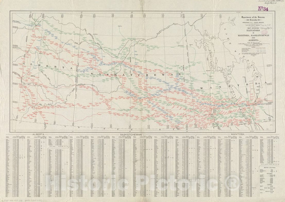Historical Map, 1915 Map Showing Elevators in Manitoba, Saskatchewan and Alberta, Vintage Wall Art