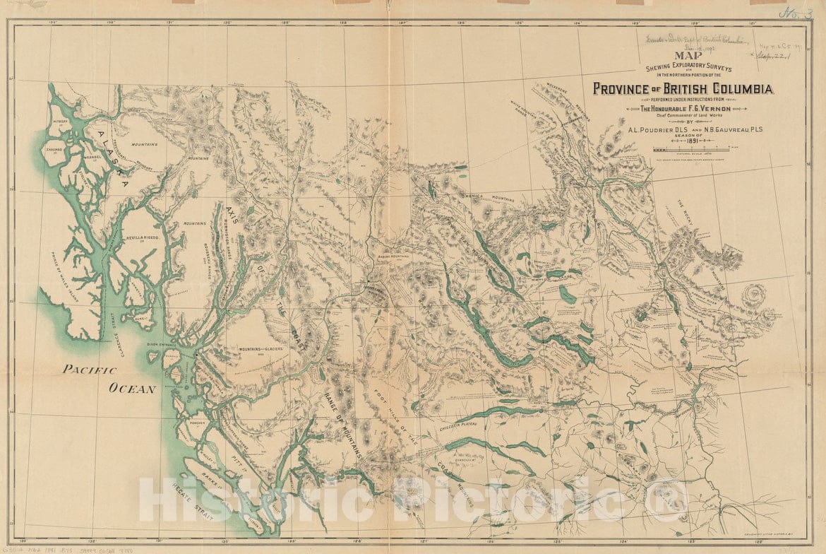 Historical Map, 1891 Map shewing exploratory surveys in The Northern Portion of The Province of British Columbia, Vintage Wall Art