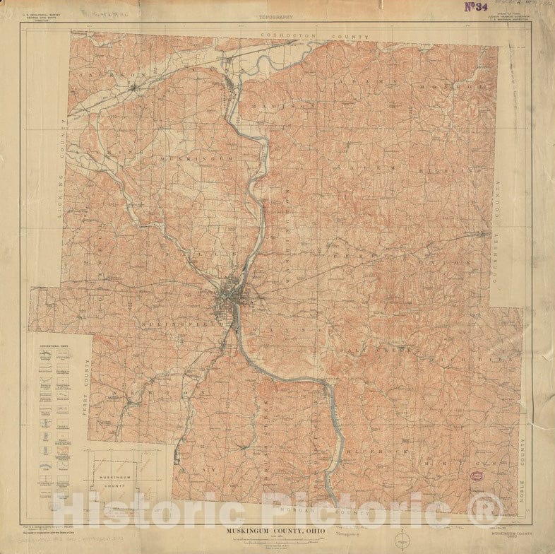 Historical Map, 1912 Muskingum County, Ohio, Vintage Wall Art