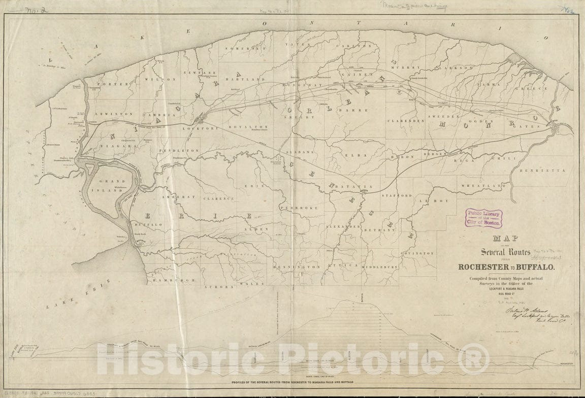 Historical Map, 1841 Map of the several routes from Rochester to Buffalo : compiled from county maps and actual surveys in the office of the Lockport & Niagara Falls Rail Road Co, Vintage Wall Art