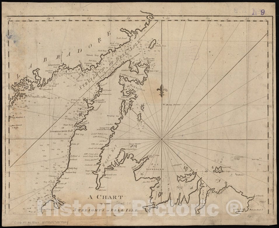 Historical Map, 1816 A Chart of The Streights of Bell Isle, Vintage Wall Art