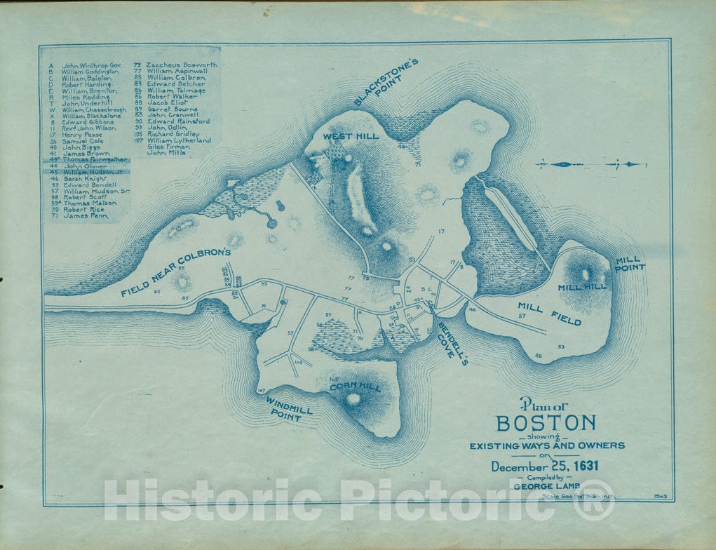 Historical Map, Plan of Boston Showing existing Ways and Owners on December 25, 1631, Vintage Wall Art