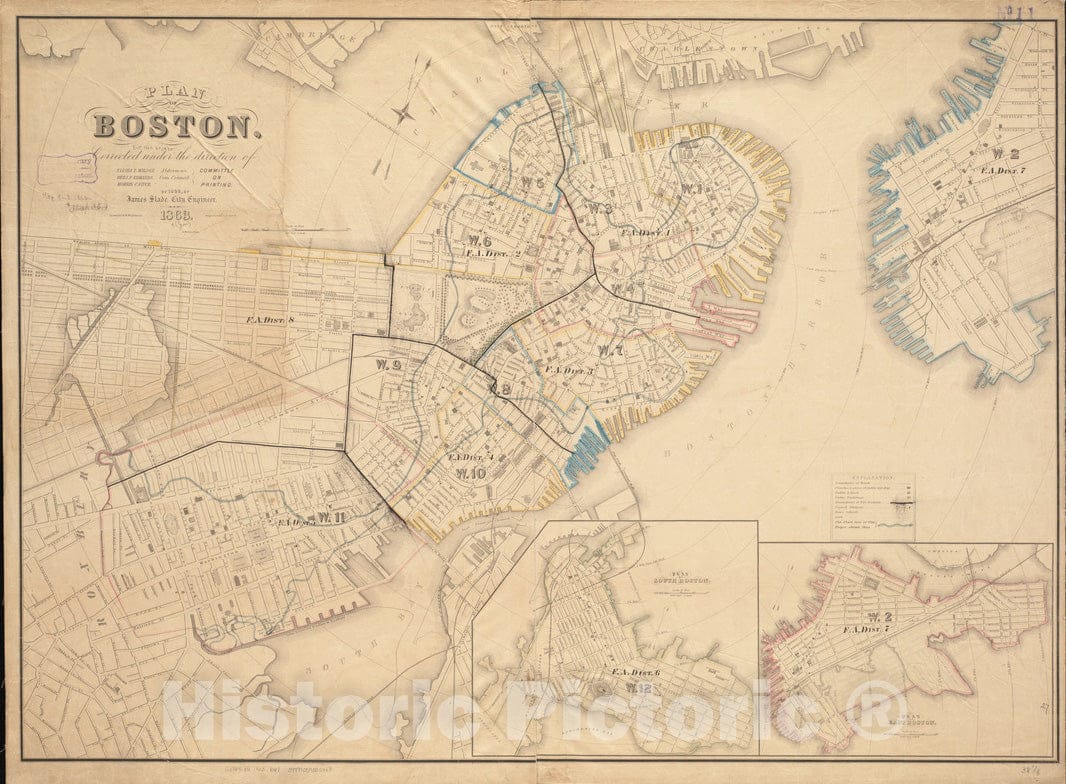 Historical Map, 1863 Plan of Boston, Vintage Wall Art