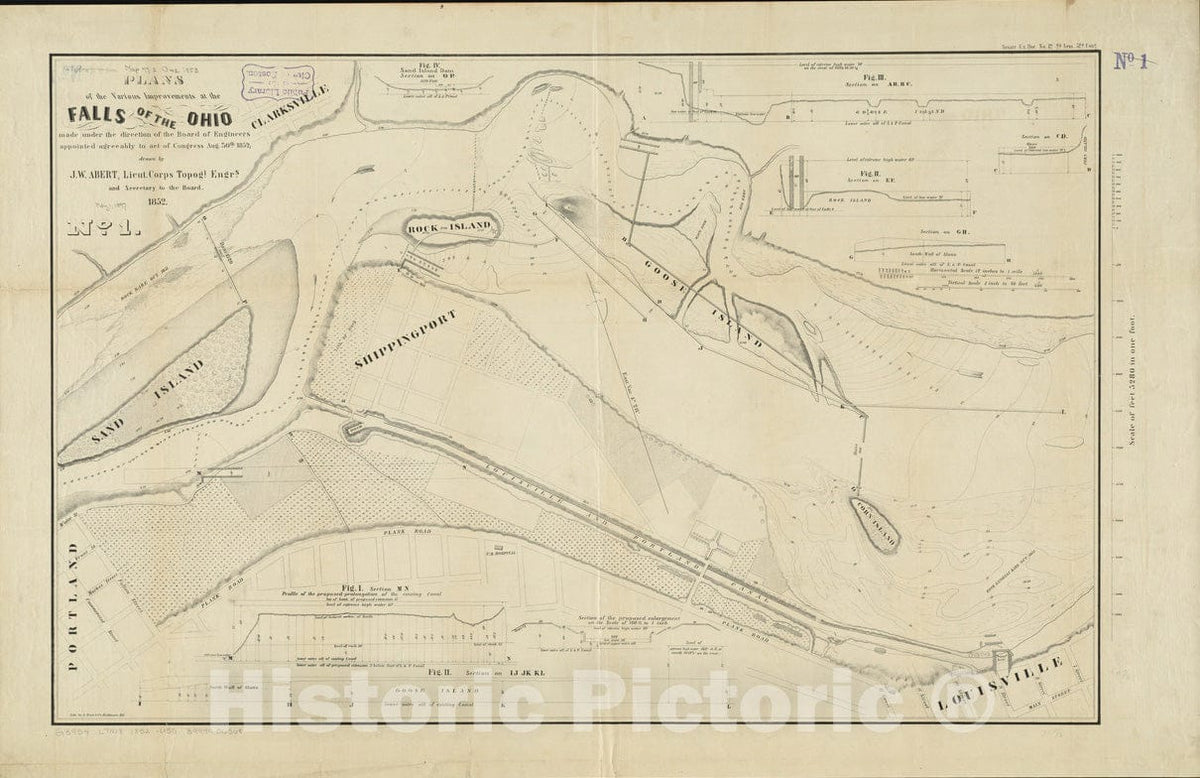 Historical Map, 1852 Plans of The Various improvements at The Falls of The Ohio, Vintage Wall Art