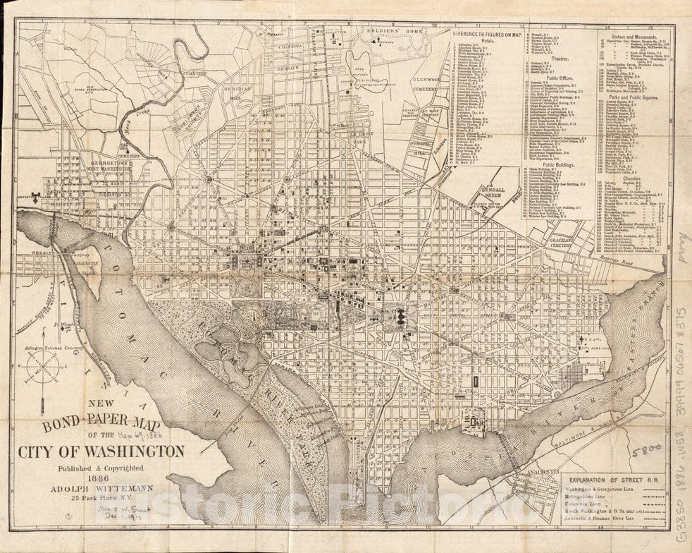 Historical Map, 1886 New Bond Paper map of The City of Washington, Vintage Wall Art