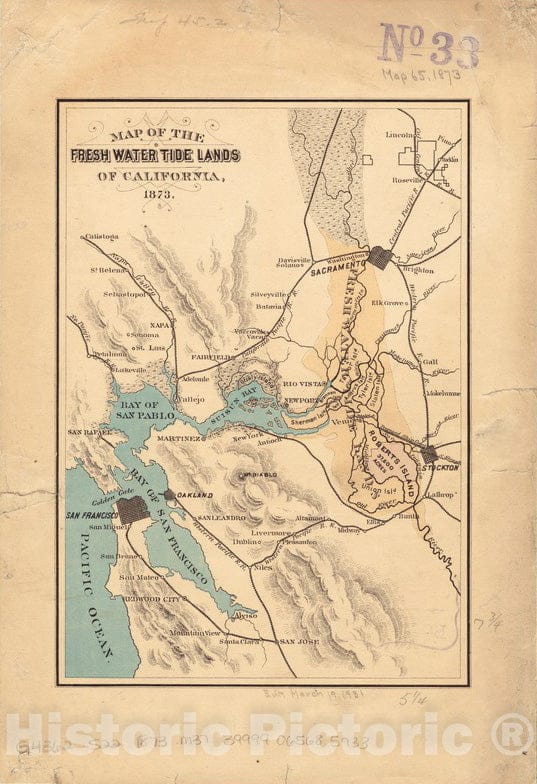 Historical Map, 1873 Map of The Fresh Water Tide Lands of California, Vintage Wall Art