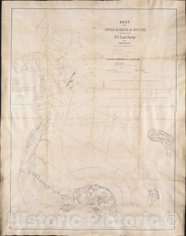 Historical Map, 1847 Plan of The Inner Harbor of Boston, Vintage Wall Art