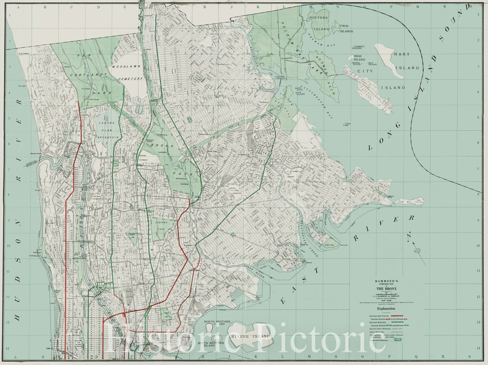Historical Map, 1917 Hammond's Complete map of The Bronx, Vintage Wall Art