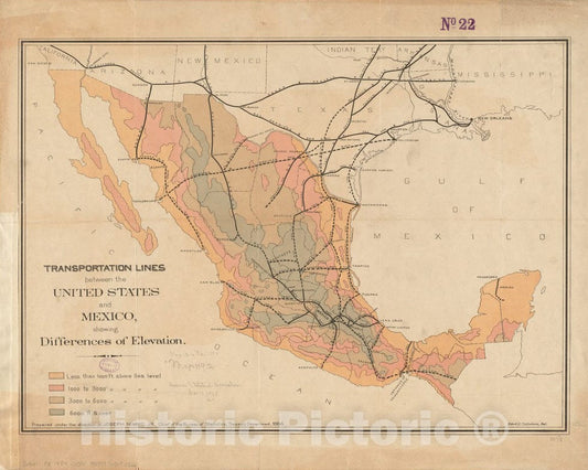 Historical Map, 1884 Transportation Lines Between The United States and Mexico, Showing Differences of Elevation, Vintage Wall Art