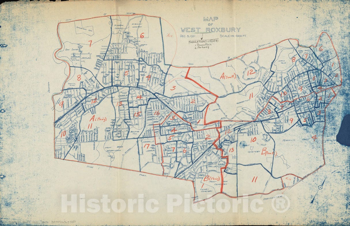Historical Map, 1921 Map of West Roxbury, Vintage Wall Art