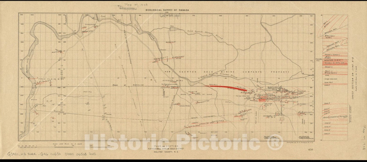 Historical Map, 1899 Plan and Section, Fifteen-Mile Stream Gold District, Halifax Co, N.S, Vintage Wall Art