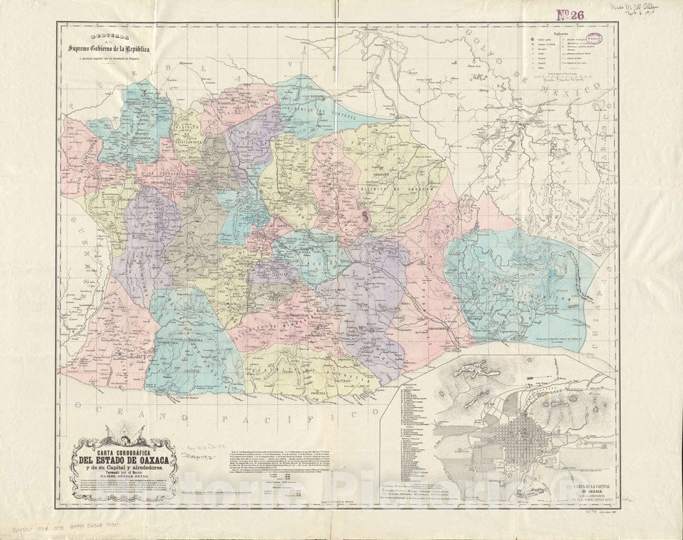 Historical Map, 1883 Carta corograIfica del estado de Oaxaca y de su Capital y alrededores, Vintage Wall Art