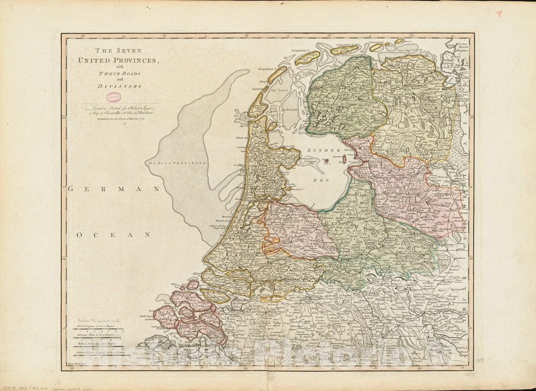 Historical Map, 1772 The Seven United Provinces, with Their Roads and divisions, Vintage Wall Art