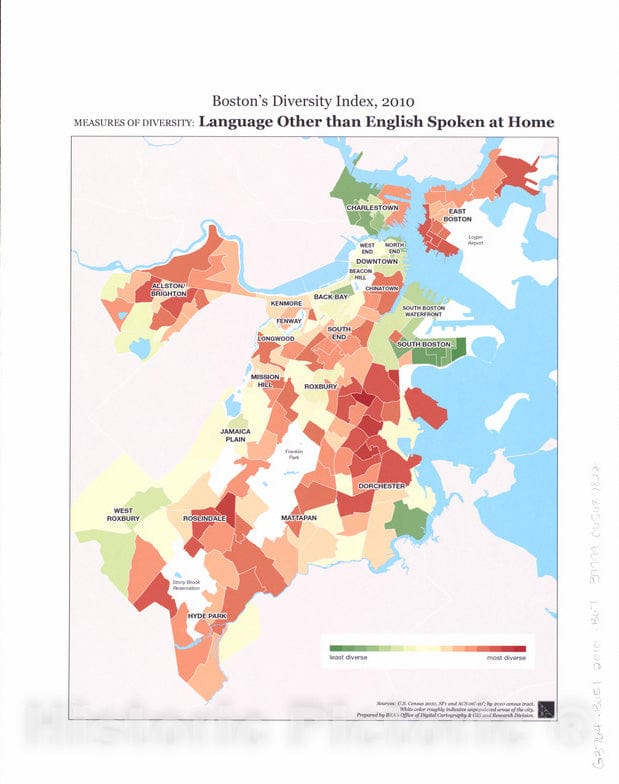 Historical Map, 2014 Boston's Diversity Index, 2010 : Measures of Diversity : Language Other Than English Spoken at Home, Vintage Wall Art