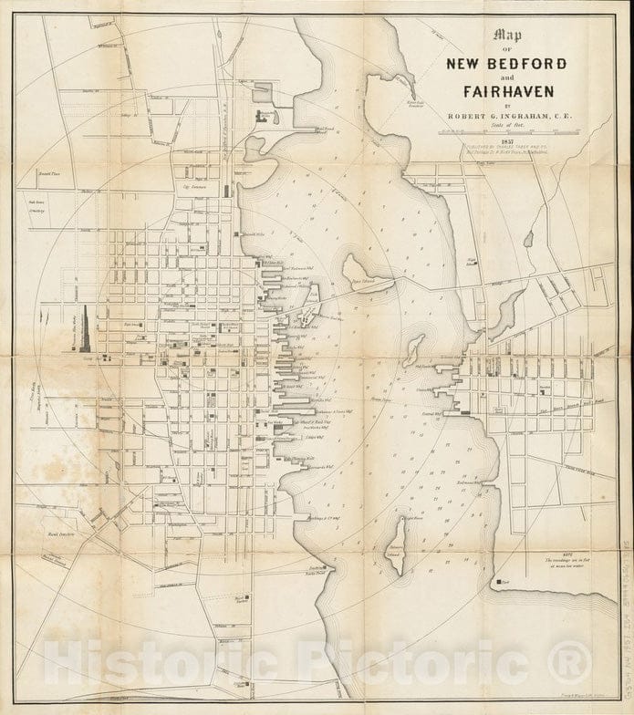 Historical Map, 1857 Map of New Bedford and Fairhaven, Vintage Wall Art