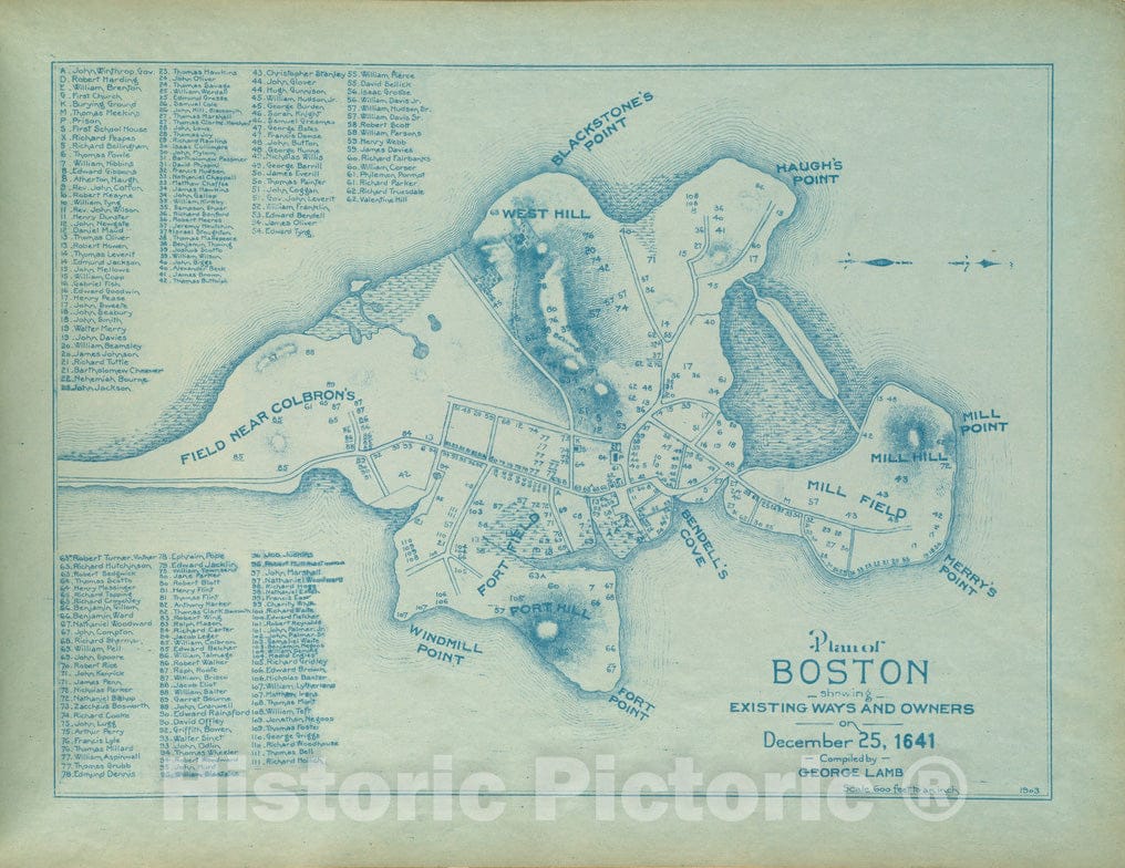 Historical Map, Plan of Boston Showing existing Ways and Owners on December 25, 1641, Vintage Wall Art