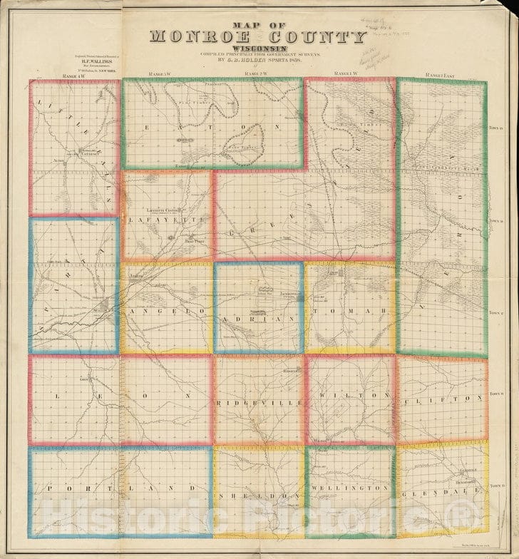 Historical Map, 1858 Map of Monroe County, Wisconsin, Vintage Wall Art