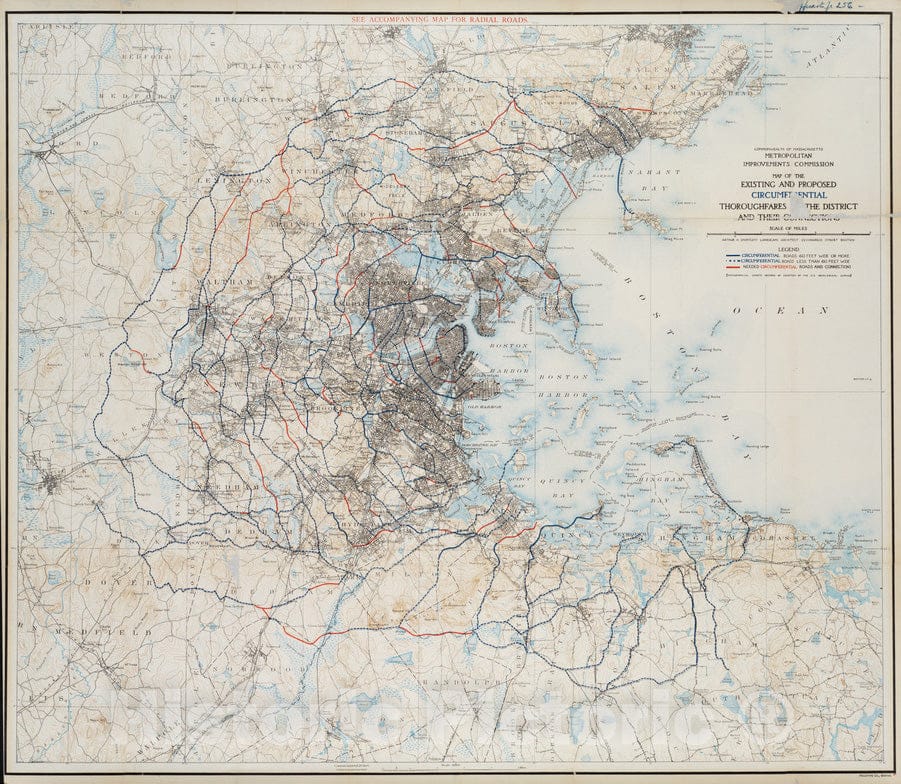 Historical Map, 1909 Map of The existing and Proposed circumferential thoroughfares of The District, Vintage Wall Art