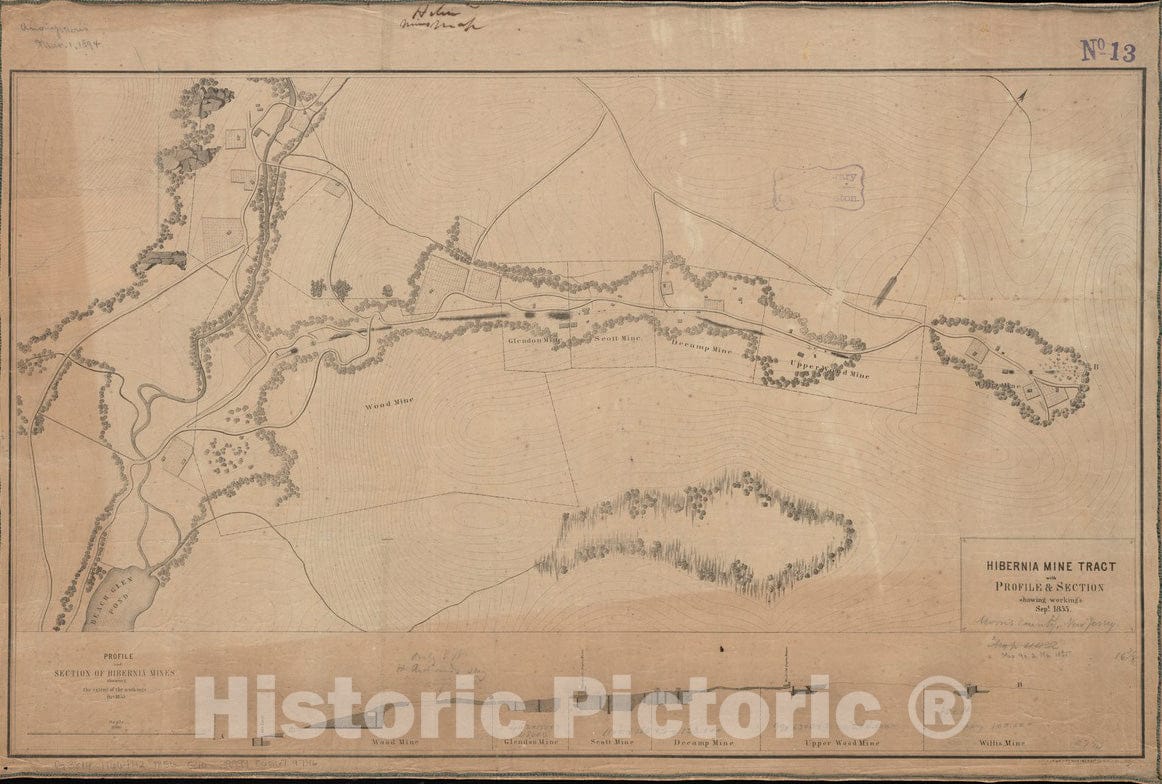 Historical Map, Hibernia Mine Tract : with Profile & Section Showing working's Sept. 1855, Vintage Wall Art