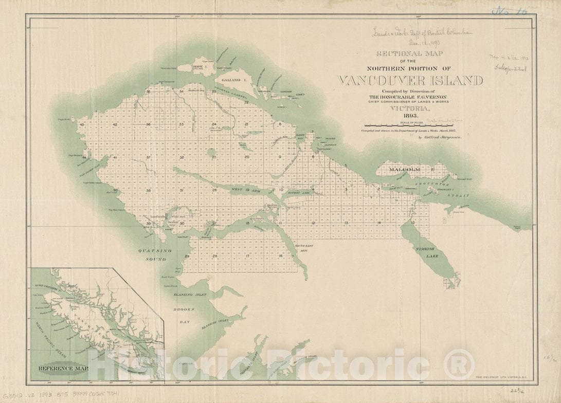 Historical Map, 1893 Sectional map of The Northern Portion of Vancouver Island, Vintage Wall Art
