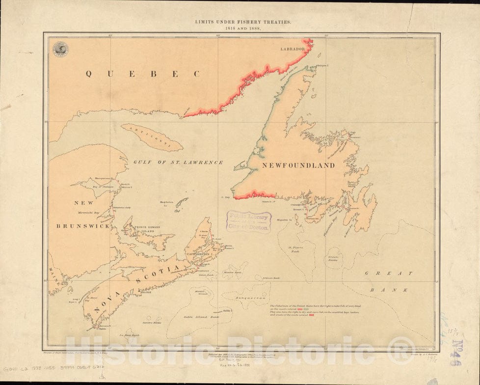 Historical Map, Limits under fishery treaties, 1818 and 1888, Vintage Wall Art