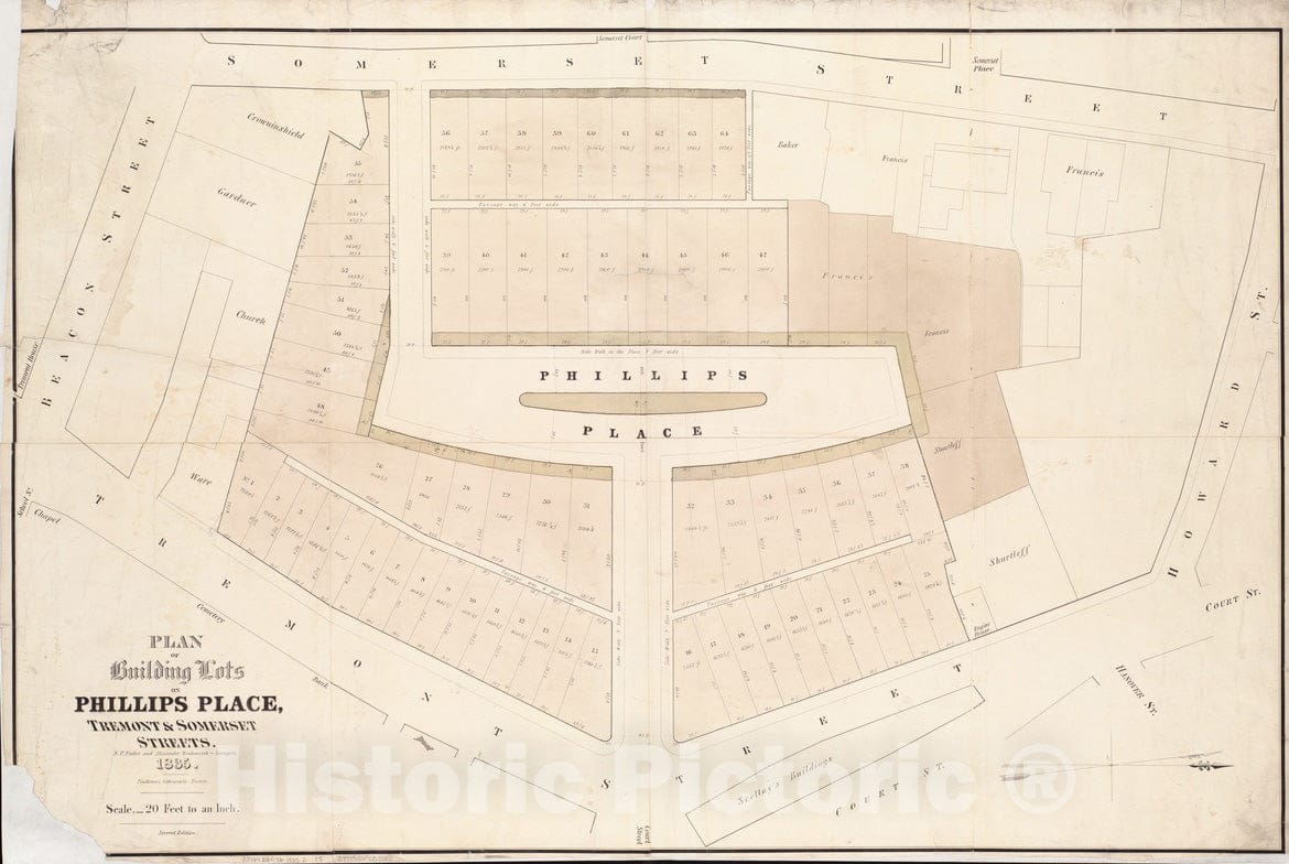 Historical Map, 1835 Plan of Building Lots on Phillips Place, Tremont & Somerset Streets, Vintage Wall Art