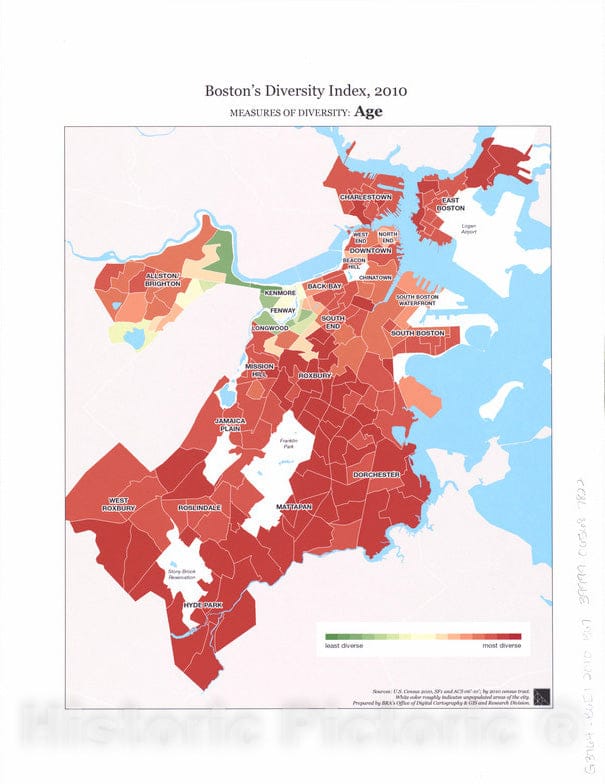 Historical Map, 2014 Boston's Diversity Index, 2010 : Measures of Diversity : Age, Vintage Wall Art
