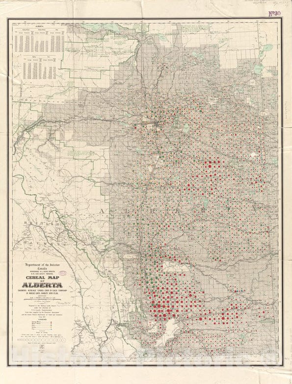 Historical Map, 1914 Cereal map of Alberta : Showing Acreage Under Crop in Each Township in Wheat, Oats, Barley and Flax, Vintage Wall Art