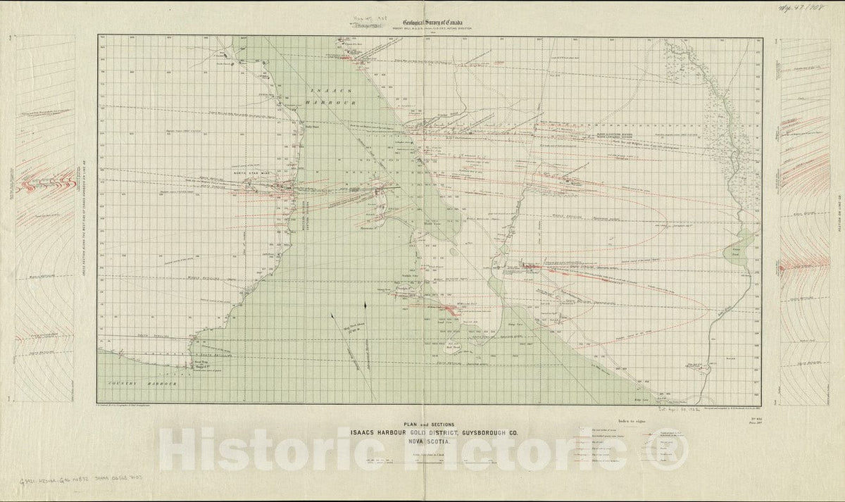 Historical Map, 1904 Plan and sections Isaacs Harbour gold district, Guysborough Co, Nova Scotia, Vintage Wall Art