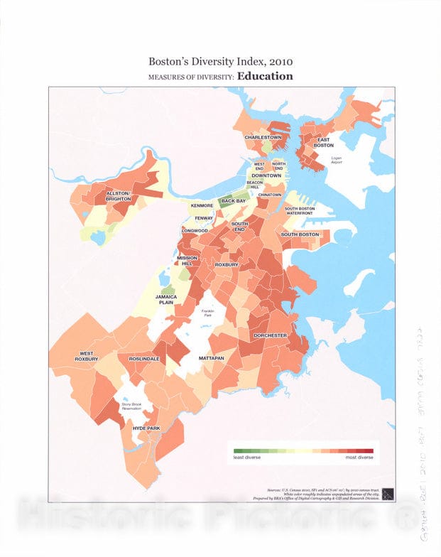 Historical Map, 2014 Boston's Diversity Index, 2010 : Measures of Diversity : Education, Vintage Wall Art