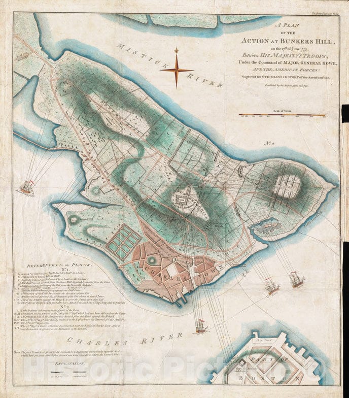 Historical Map, 1793 A Plan of The Action at Bunkers Hill on The 17th of June 1775 Between His Majesty's Troops, Under The Command of Major General Howe, Vintage Wall Art