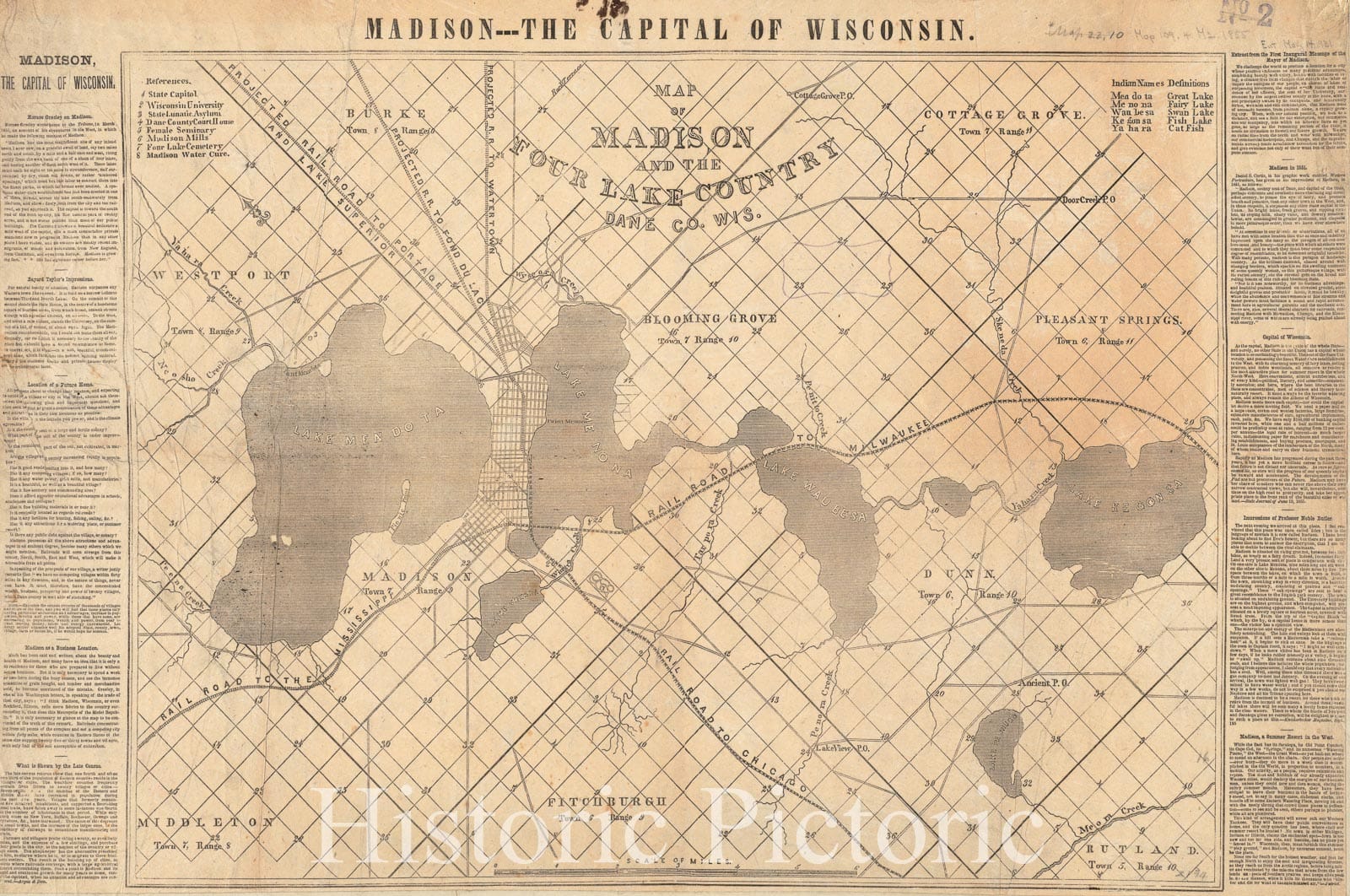 Historical Map, 1855 Map of Madison and The Four Lake Country, Dane Co. WIS, Vintage Wall Art