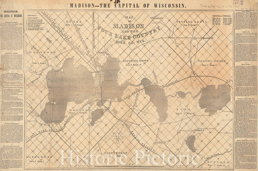 Historical Map, 1855 Map of Madison and The Four Lake Country, Dane Co. WIS, Vintage Wall Art