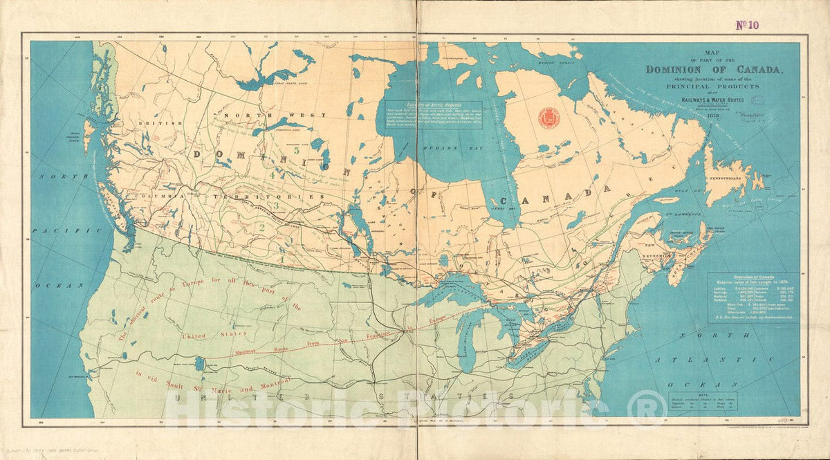 Historical Map, 1878 Map of Part of The Dominion of Canada, shewing Location of Some of The Principal Products, Also Railway & Water Routes, Vintage Wall Art