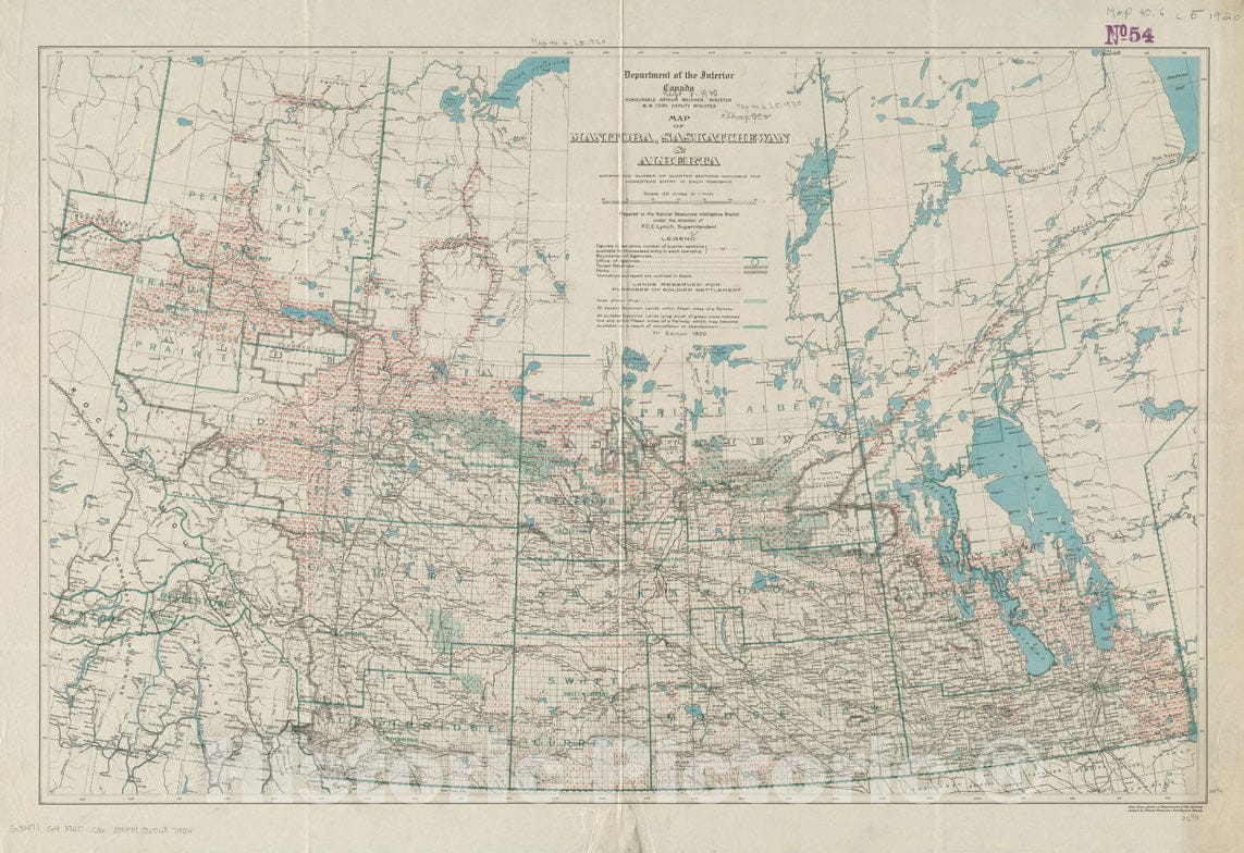 Historical Map, 1920 Map of Manitoba, Saskatchewan and Alberta : showing the number of quarter sections available for homestead entry in each township, Vintage Wall Art