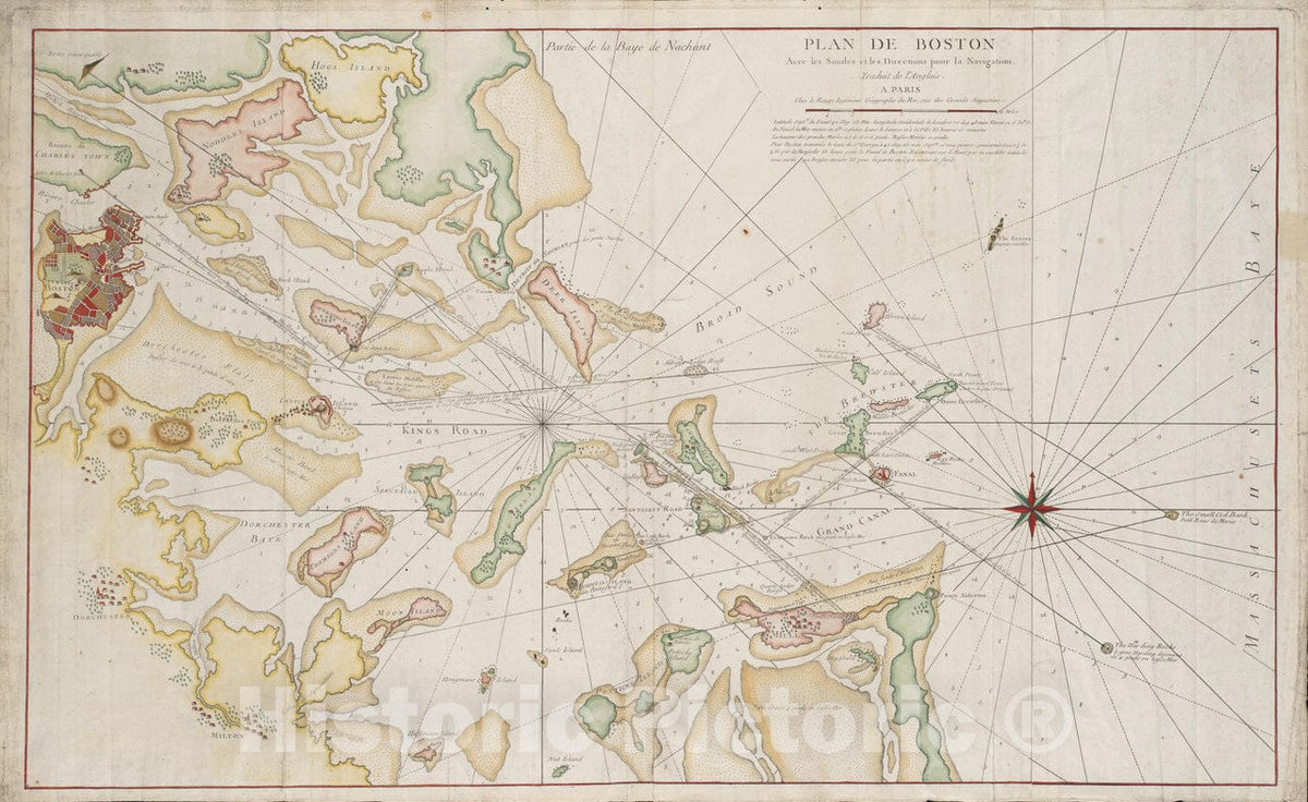 Historical Map, 1778 Plan de Boston avec les sondes et les directions pour la navigation : traduit de l'anglais, Vintage Wall Art