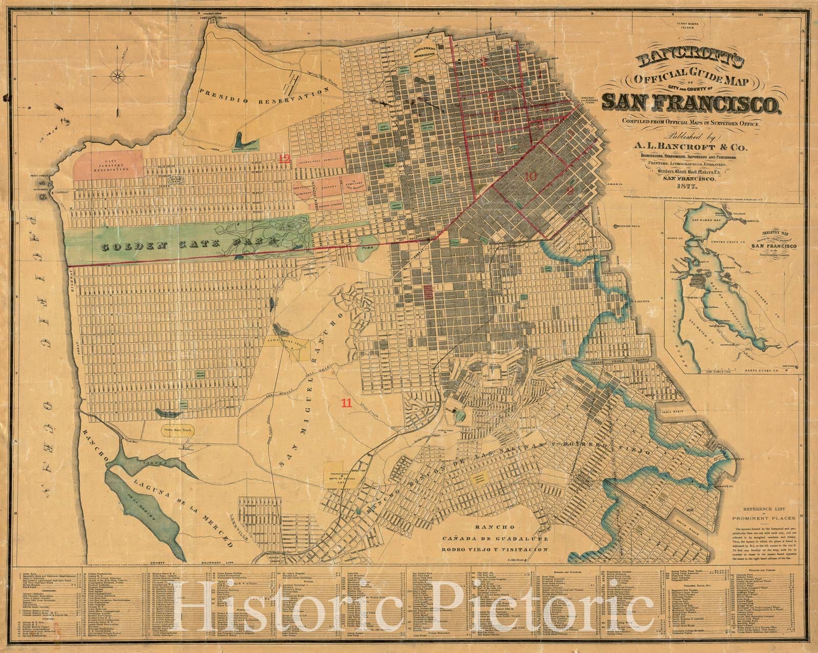Historical Map, 1877 Bancroft's Official Guide map of City and County of San Francisco, Vintage Wall Art
