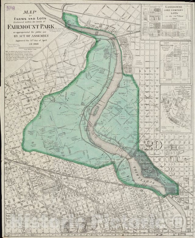 Historical Map, 1868 Map of farms and lots embraced within the limits of Fairmount Park as appropriated for public use by Act of Assembly, approved the 14th day of April, A.D. 1868 Vintage Wall Art