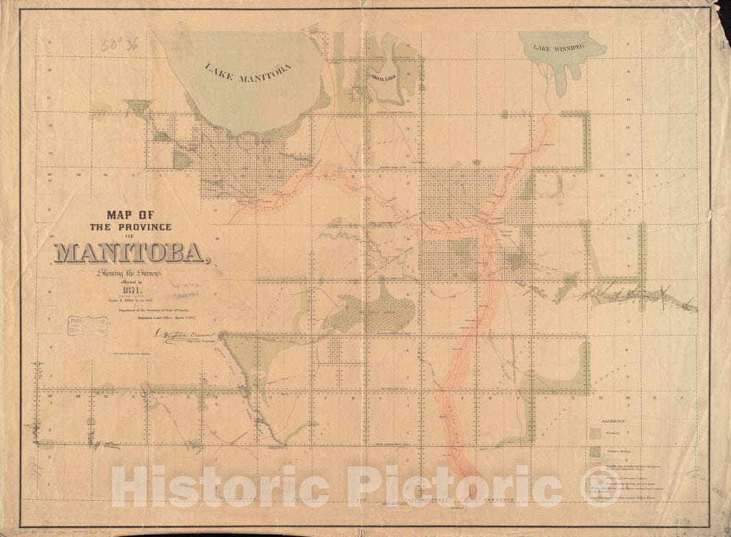 Historical Map, Map of The Province of Manitoba, shewing The surveys effected in 1871, Vintage Wall Art