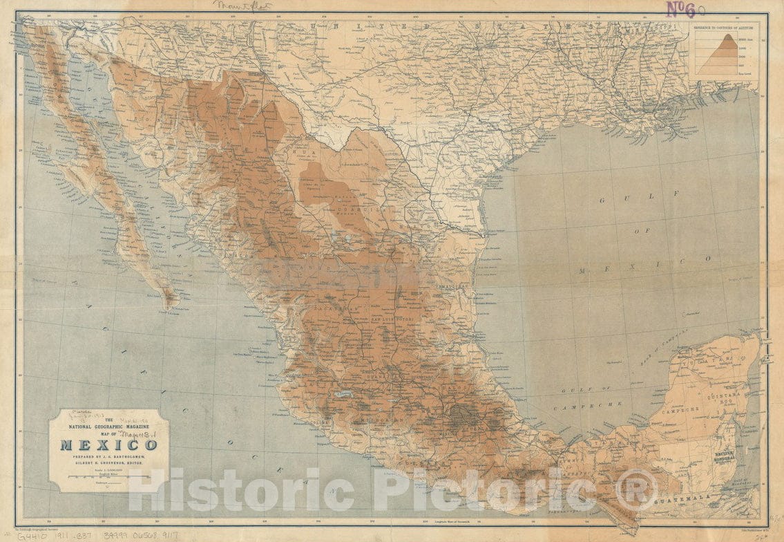 Historical Map, 1911 The National Geographic Magazine map of Mexico, Vintage Wall Art