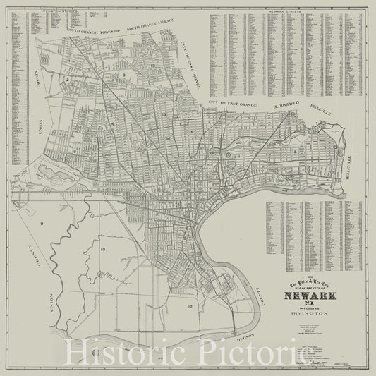 Historical Map, 1920 The Price & Lee Co's map of The City of Newark, N.J. Including Irvington, Vintage Wall Art