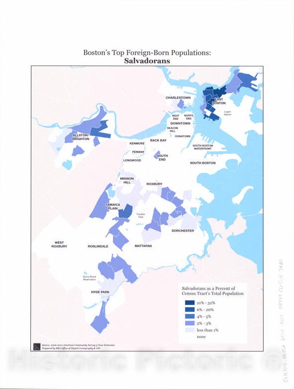 Historical Map, 2014 Boston's top Foreign-Born populations : Salvadorans, Vintage Wall Art