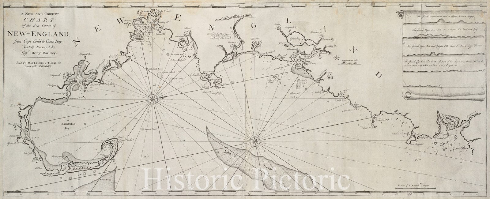 Historical Map, 1767 A New and Correct Chart of The sea Coast of New-England from Cape Codd to Casco Bay, Vintage Wall Art