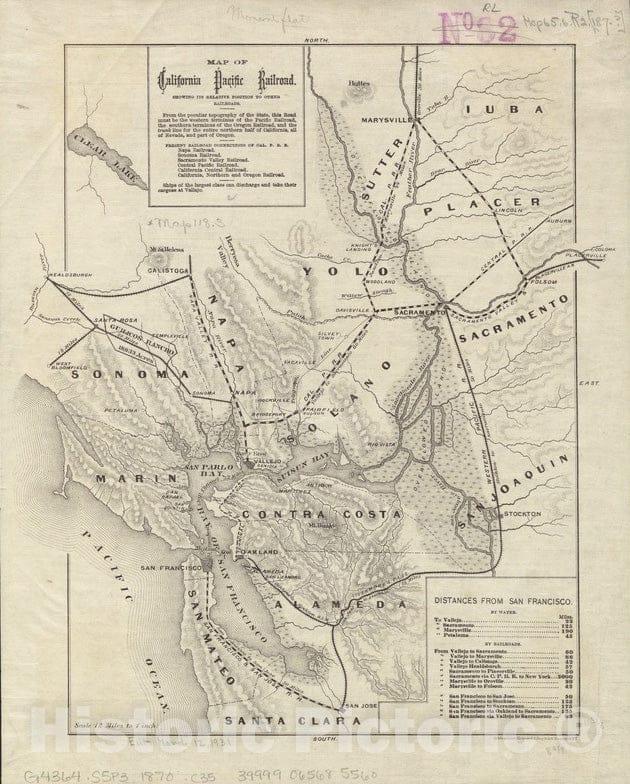 Historical Map, 1870-1879 Map of California Pacific Railroad : Showing its Relative Position to Other Railroads, Vintage Wall Art