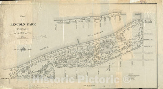 Historical Map, 1880-1889 Plan of Lincoln Park, Chicago : Area 250 Acres, Vintage Wall Art
