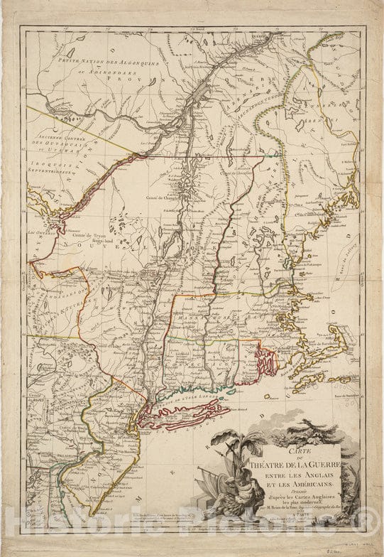 Historical Map, 1777 Carte du theIatre de la Guerre Entre les Anglais et les AmeIricains, Vintage Wall Art